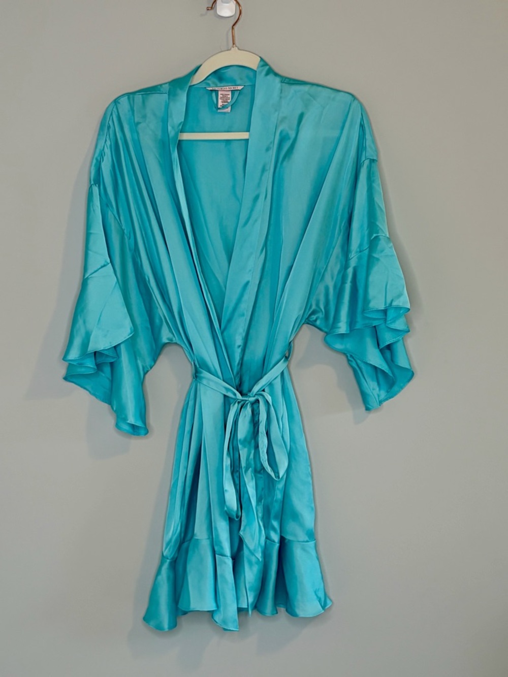 Victoria's Secret Turquoise Satin Kimono Robe with Tie M/L Ruffle Sleeve Hem